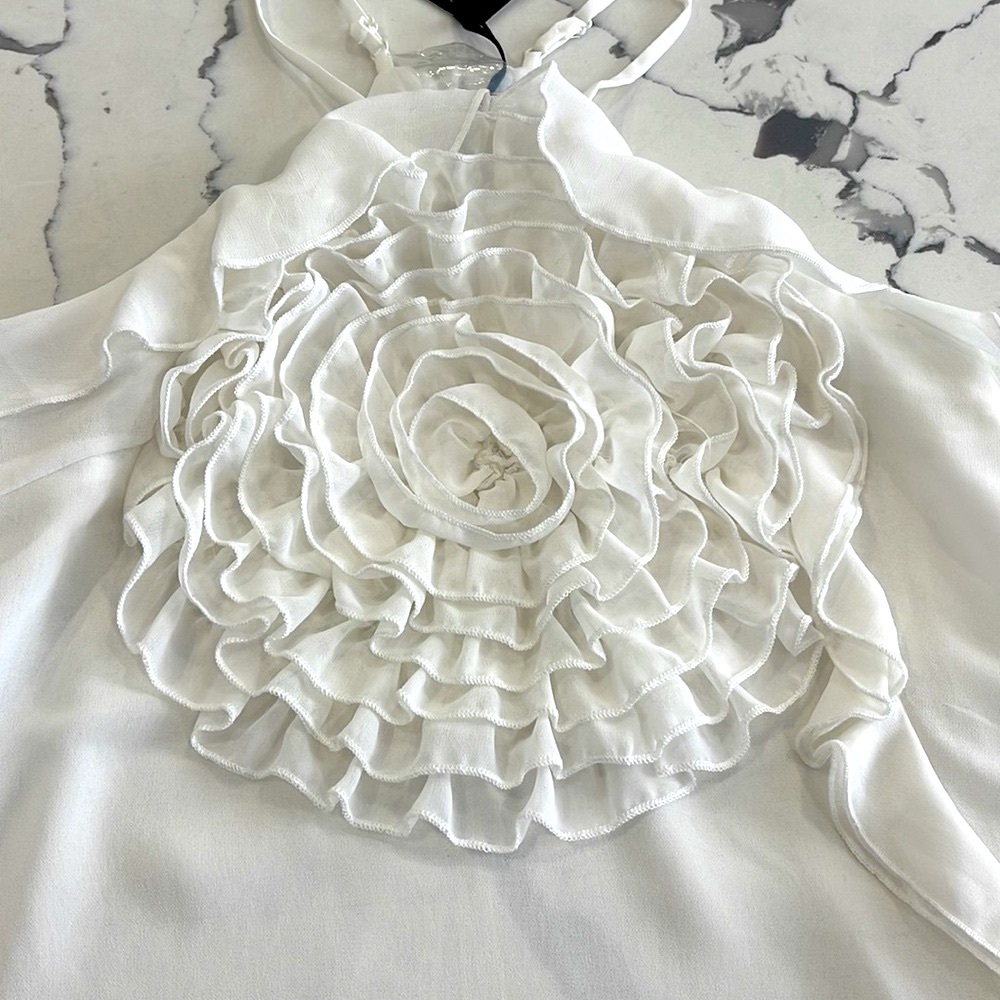 Rain Cream Flower Rose Ruffled Halter Blouse-Small - Picture 3 of 6